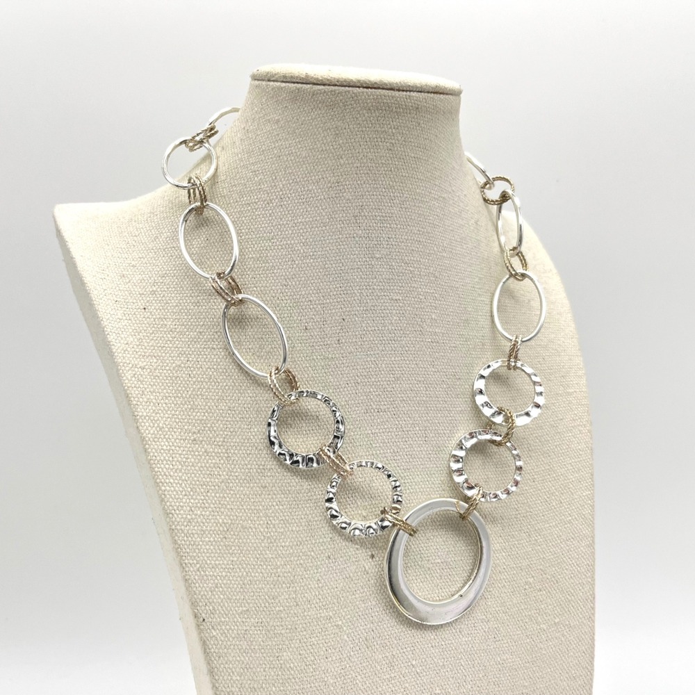 Mixed Metal Two Tone Chunky Link Necklace Hammered Silver Gold Tone 21 Inch